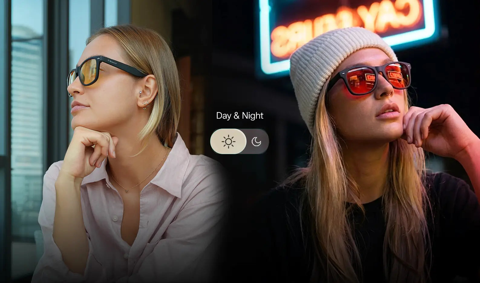 pantalla dividida con dos chicas, una a la luz del día con lentes amarillas y otra a la derecha con lentes rojas